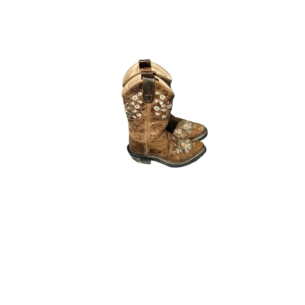 Shyanne Girls Brown Leather Floral Embroidered Western Cowgirl Boots Size 10D
